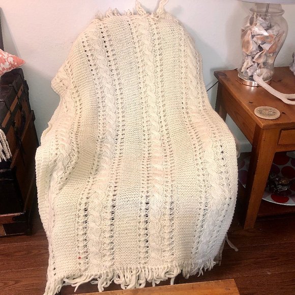 Afghan Throw Hand Made Knit Blanket Cream Color 62" x 37" - Picture 1 of 9